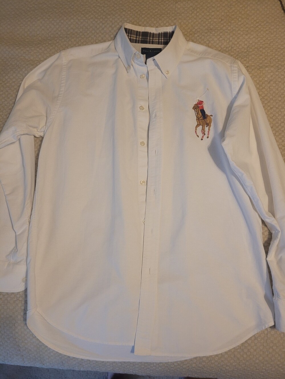 Ralph Lauren White Button-Down with Multicolor Polo Player Embroidery